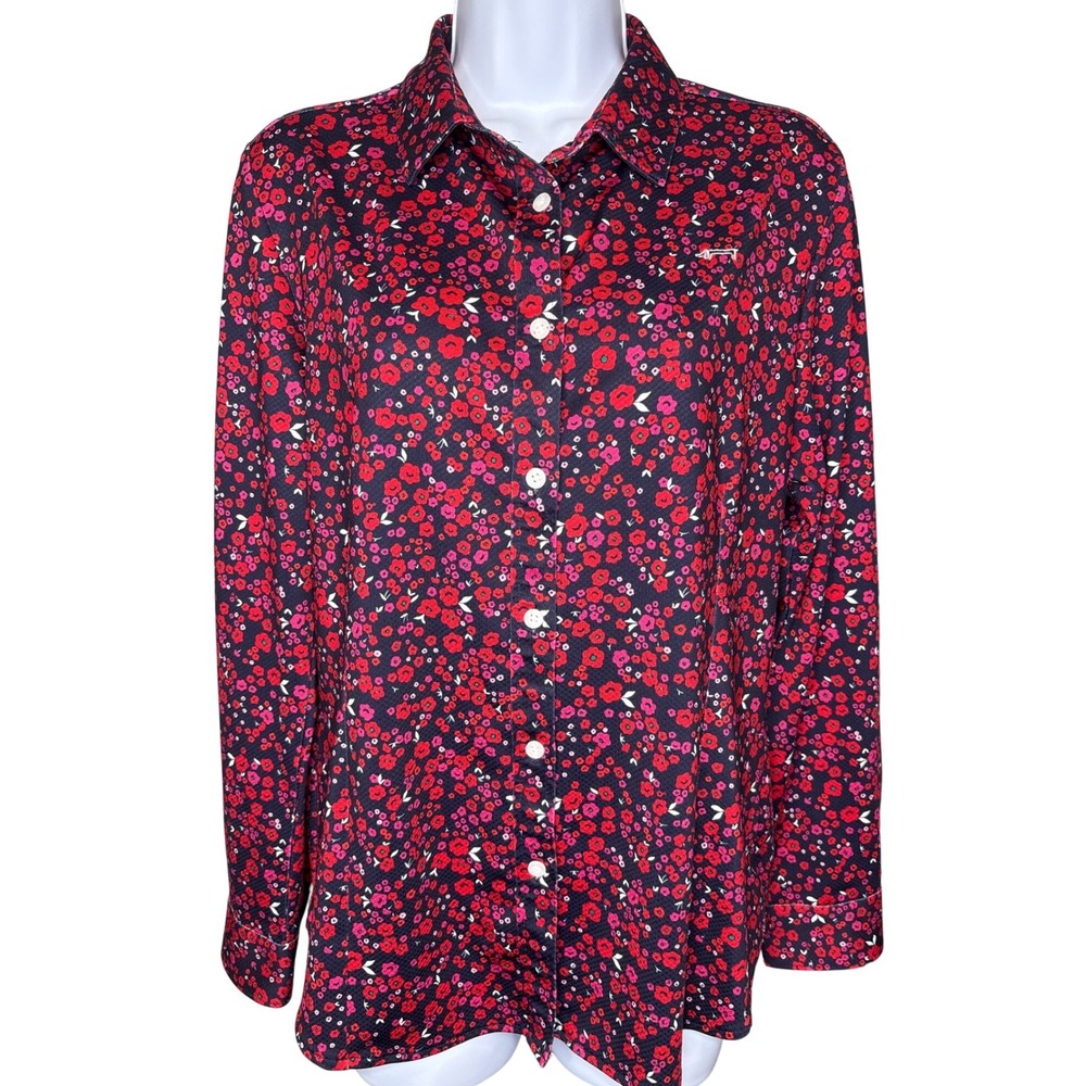 Louis Castel Womens Navy Red Floral Long Sleeve Button Down‎ Shirt Sz 100/L Golf